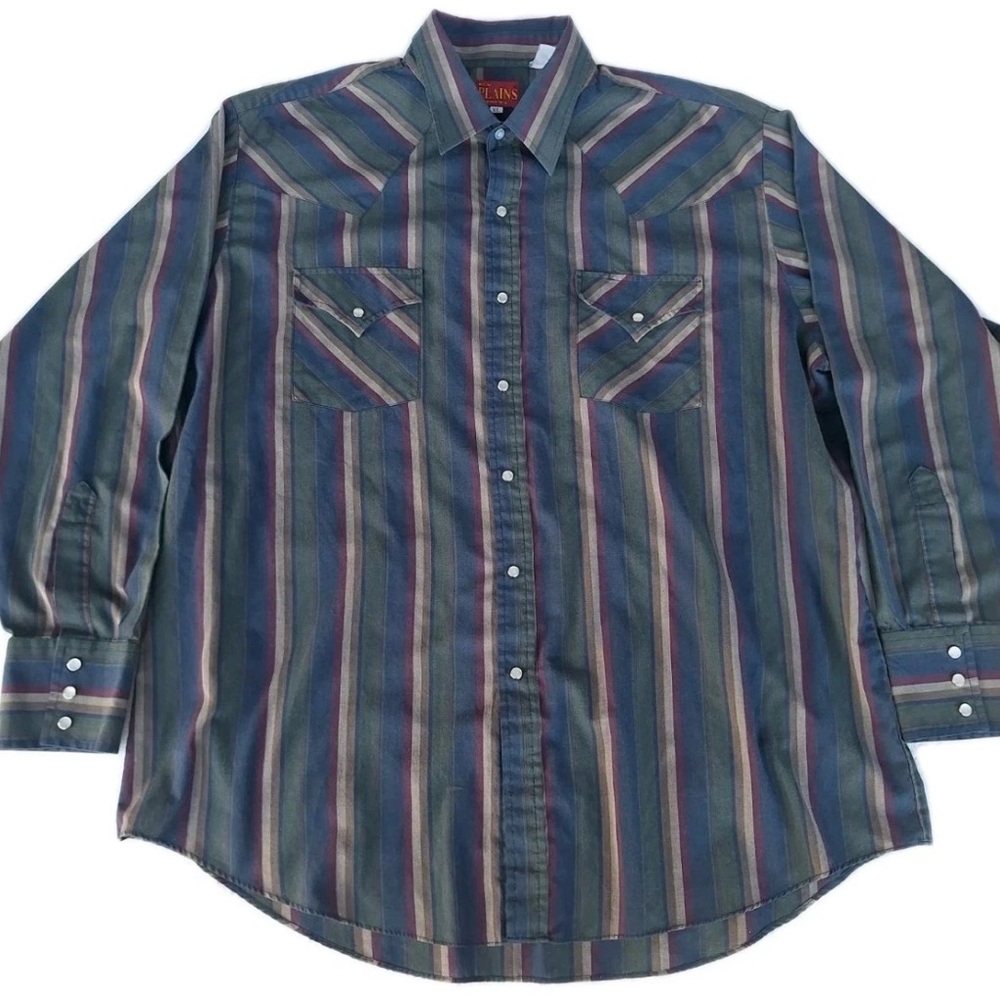 Ely Plains Western Shirt Size XL Green Blue Strip Pearl Snap Rodeo Cowboy